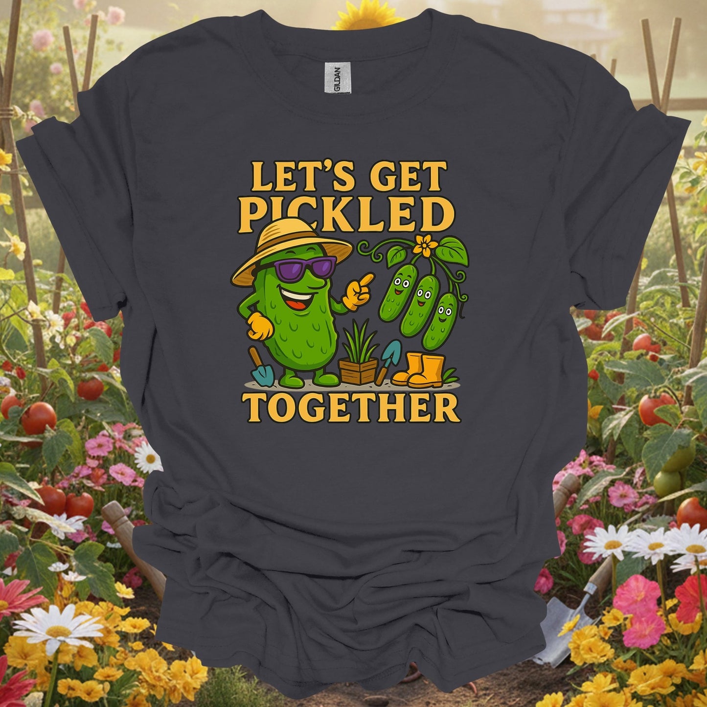 Charcoal tee showing let's get pickled together funny pickle for plant lovers