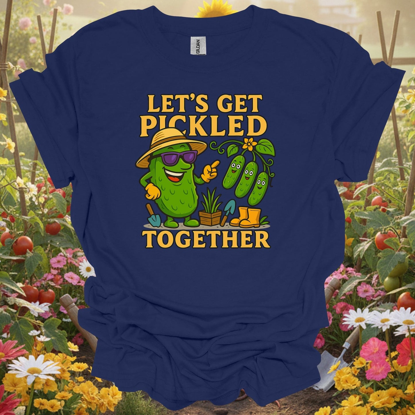Navy top showing let's get pickled together funny pickle for green thumb folks