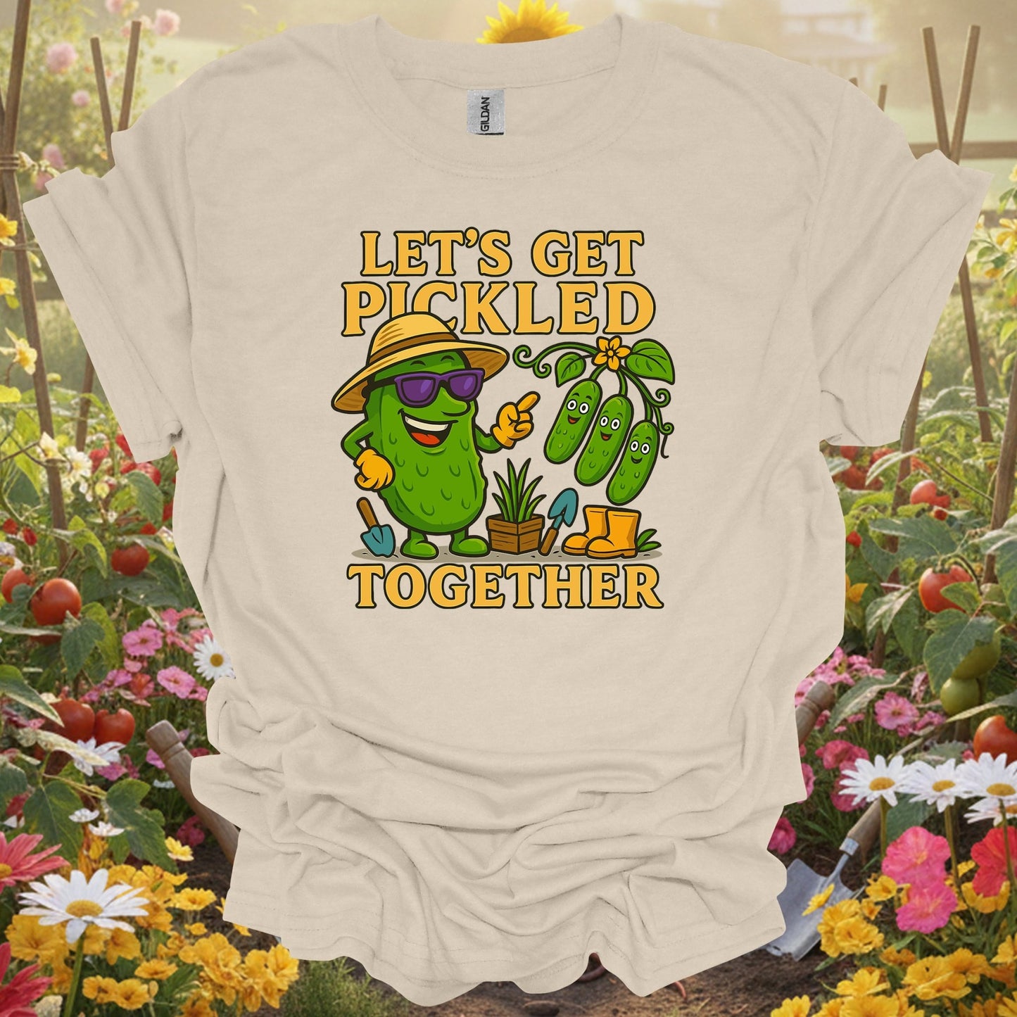 Natural tshirt showing let's get pickled together funny pickle for people who love plants