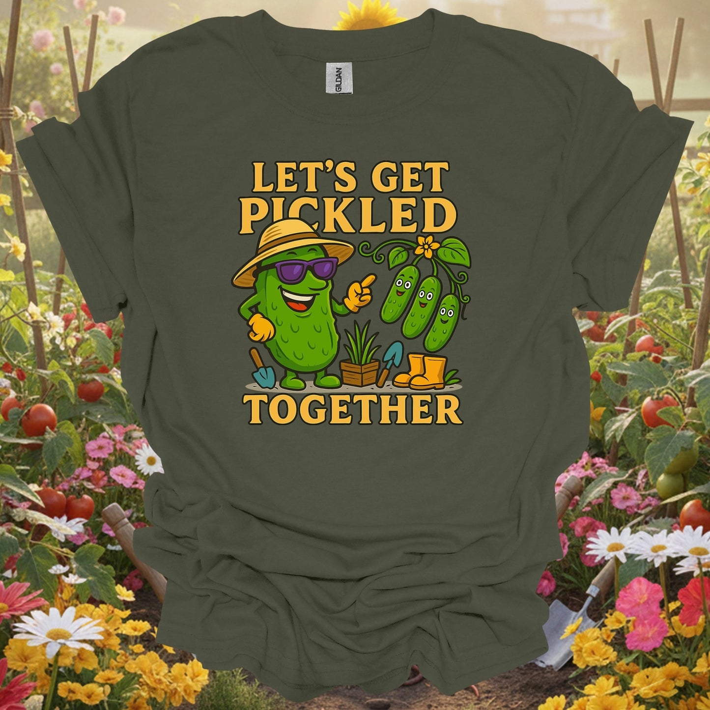 Military Green top showing let's get pickled together funny pickle for nature lovers