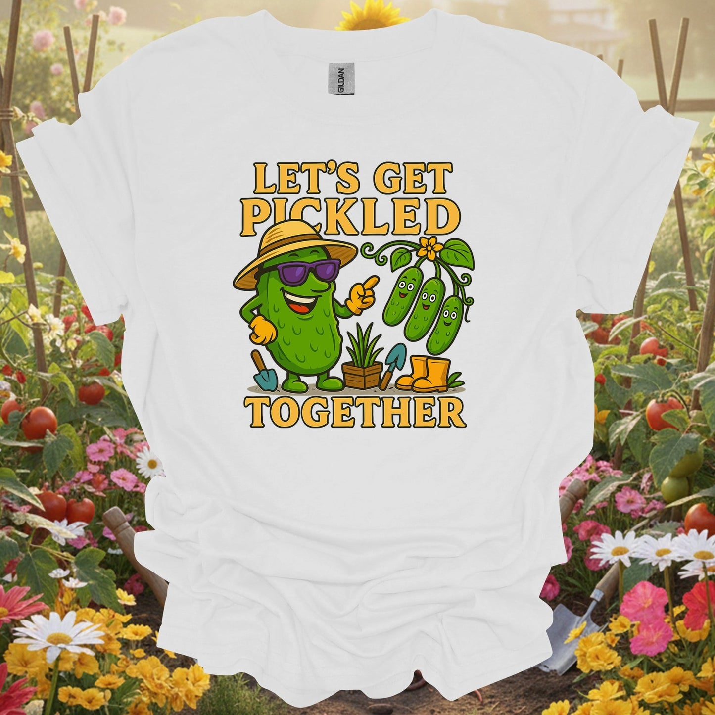 White tee showing let's get pickled together funny pickle for garden hobbyists