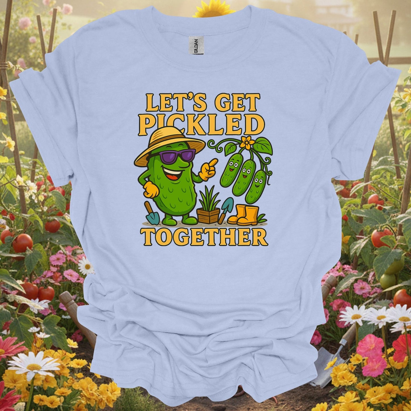 Light Blue shirt showing let's get pickled together funny pickle for home gardeners