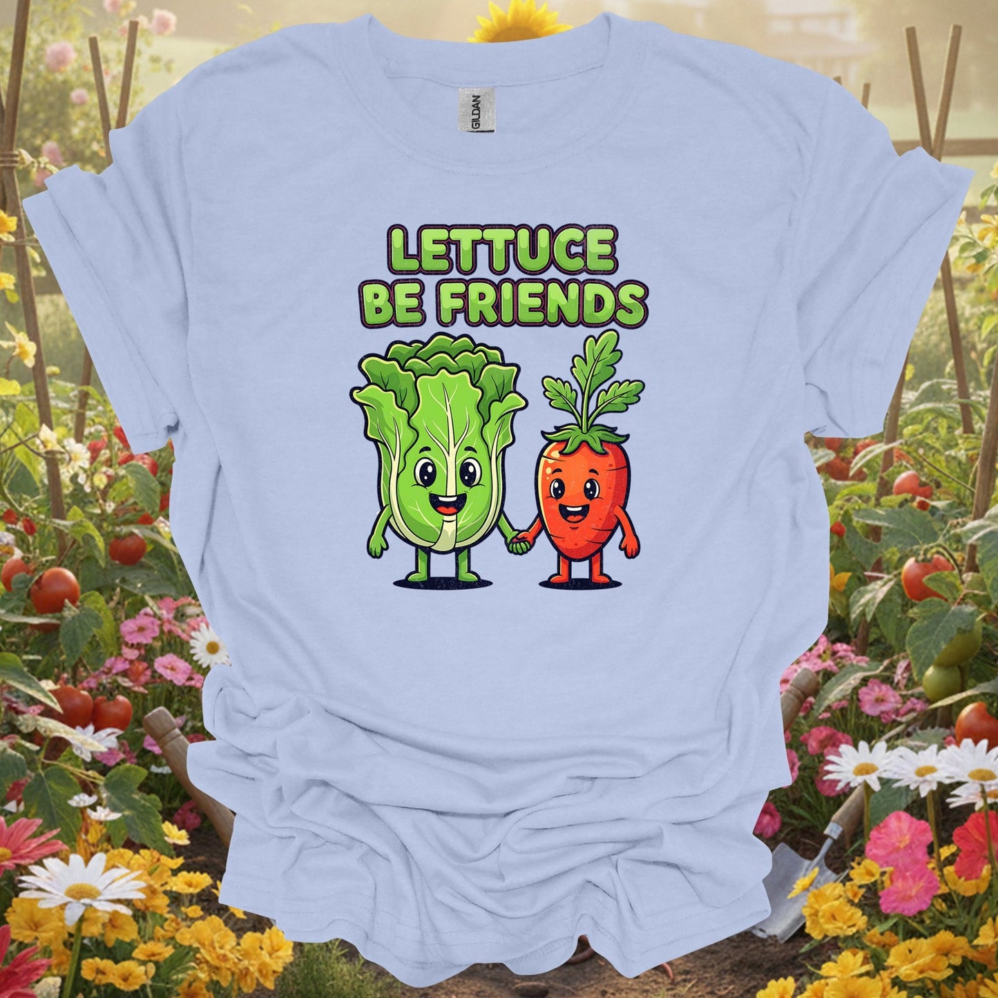 Light Blue shirt showing lettuce be friends funny vegetable for home gardeners