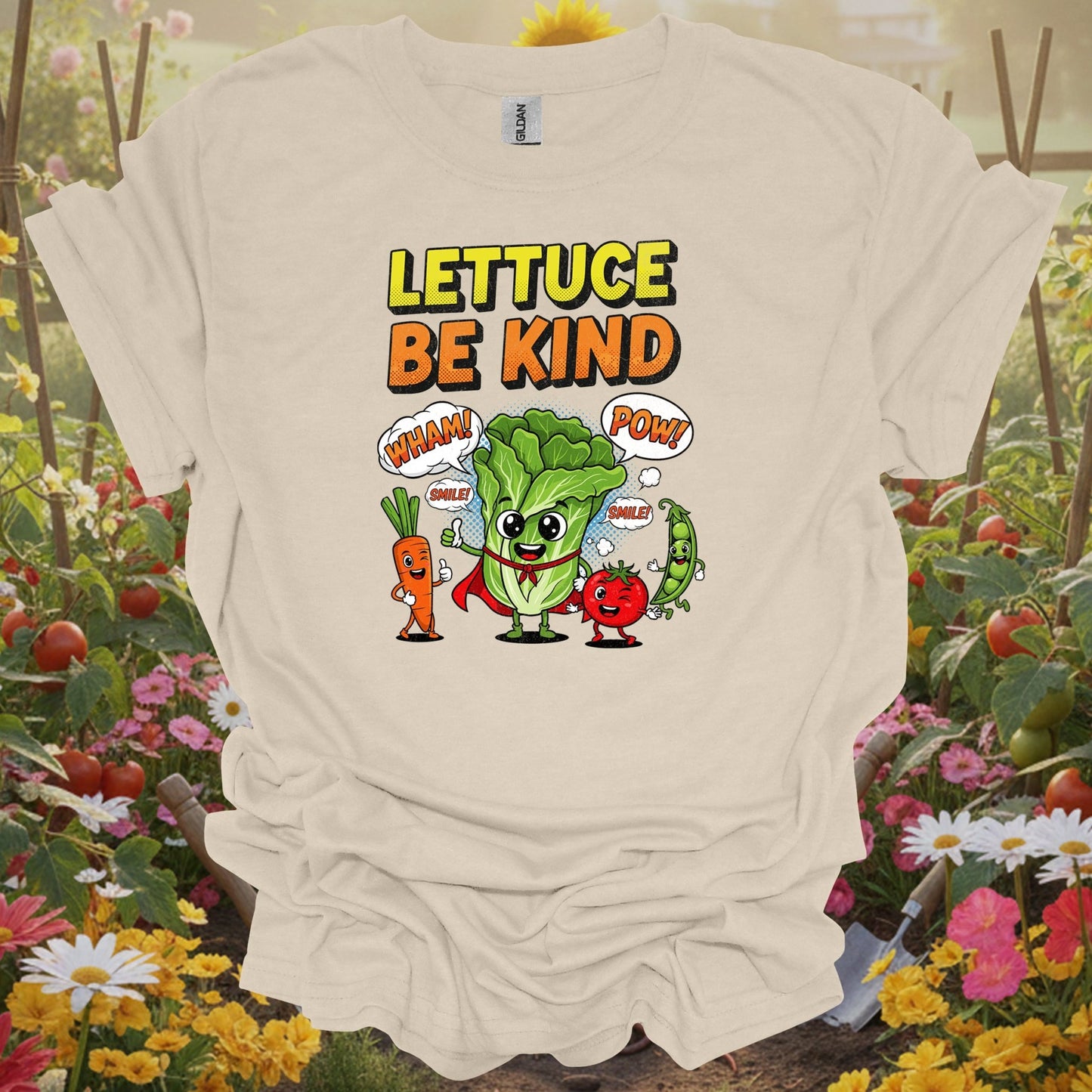 Natural apparel featuring a superhero vegetable design on a soft shirt that honors the simple beauty of the harvest.