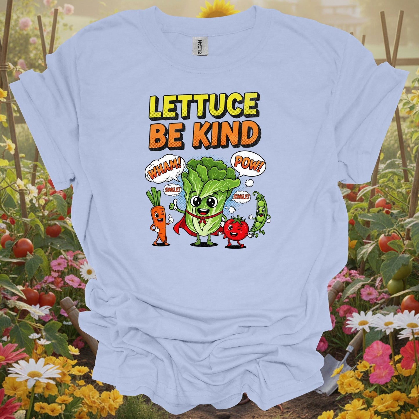 Light Blue shirt with a funny vegetable pun theme making a perfect cheerful gift T-shirt for any dedicated grower.