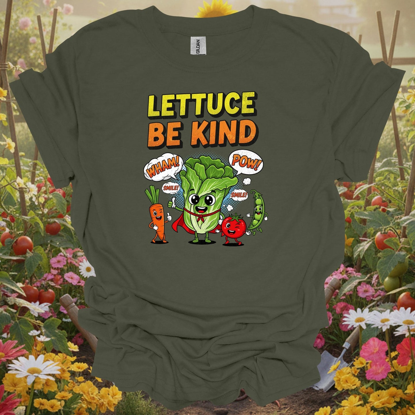Military Green gardening tee with a retro-inspired comic look that serves as a functional piece of art for growers.