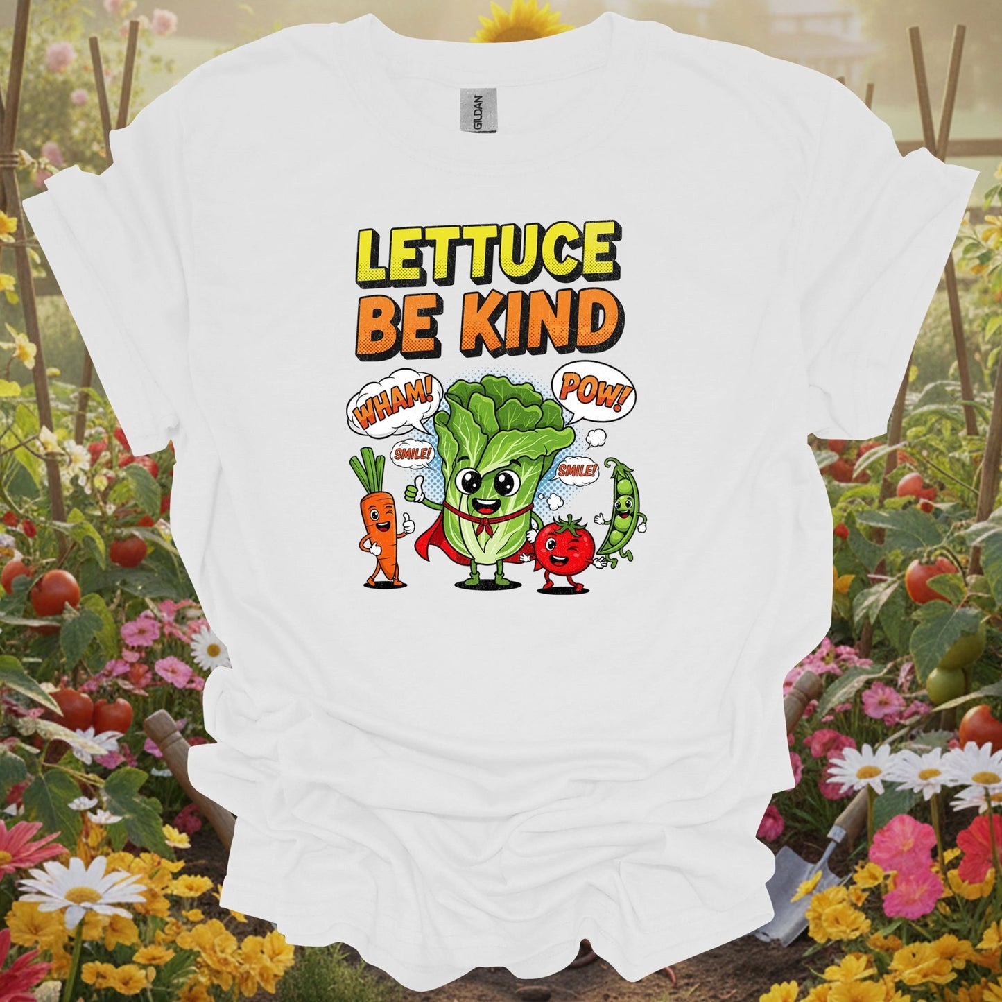 White shirt featuring a nostalgic veggie comic design on a classic tee for anyone who finds joy in their sanctuary.