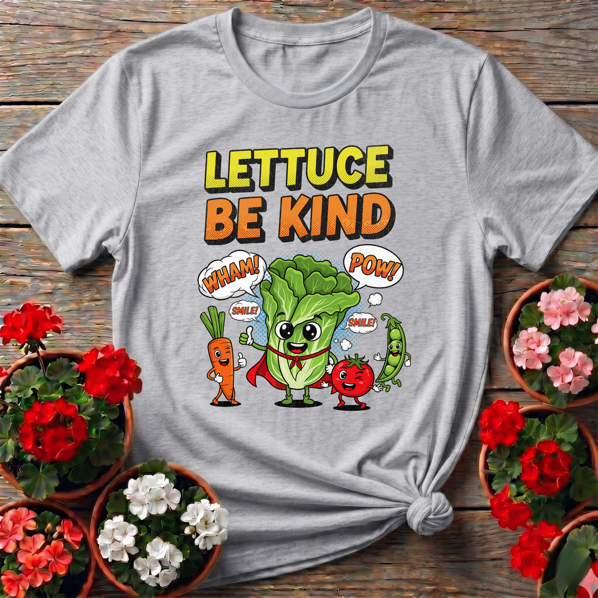 Lettuce Be Kind Comic Style Vegetable Superhero T-shirt - GardeningTshirts