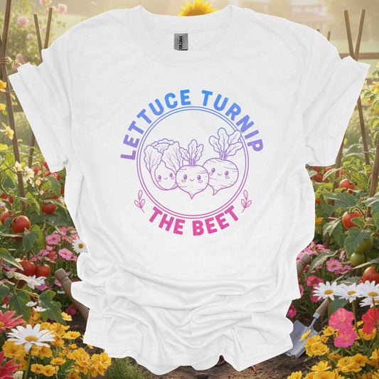 "Lettuce Turnip the Beet" Vibrant Gradient Vegetable T-Shirt - GardeningTshirts