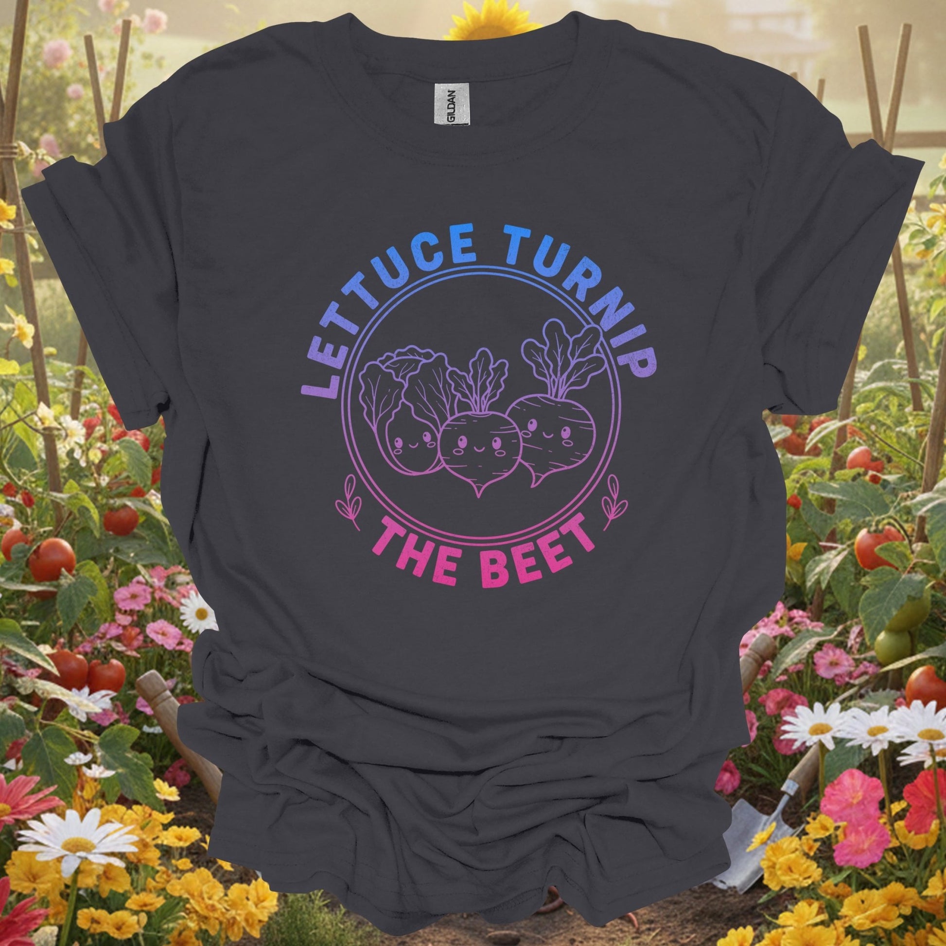 "Lettuce Turnip the Beet" Vibrant Gradient Vegetable T-Shirt - GardeningTshirts