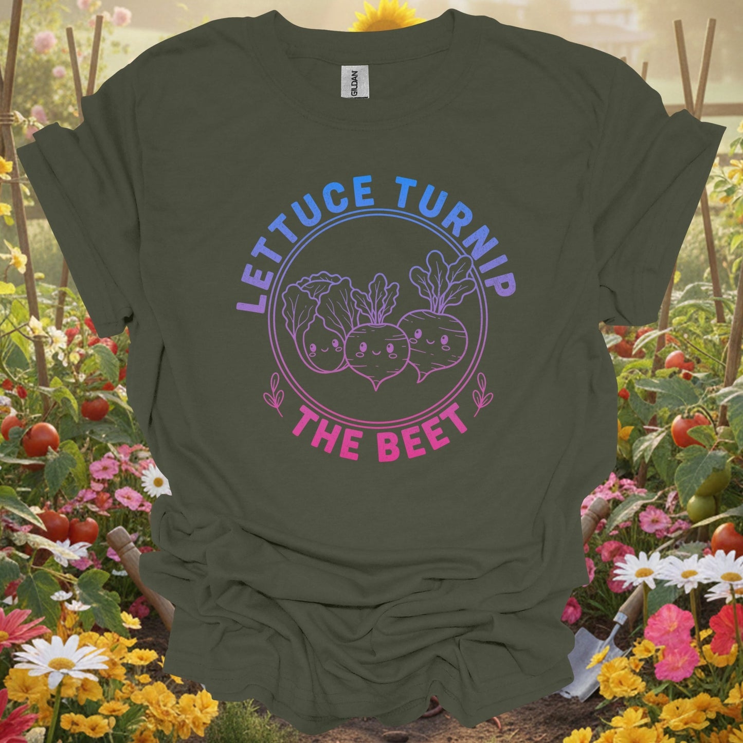 "Lettuce Turnip the Beet" Vibrant Gradient Vegetable T-Shirt - GardeningTshirts
