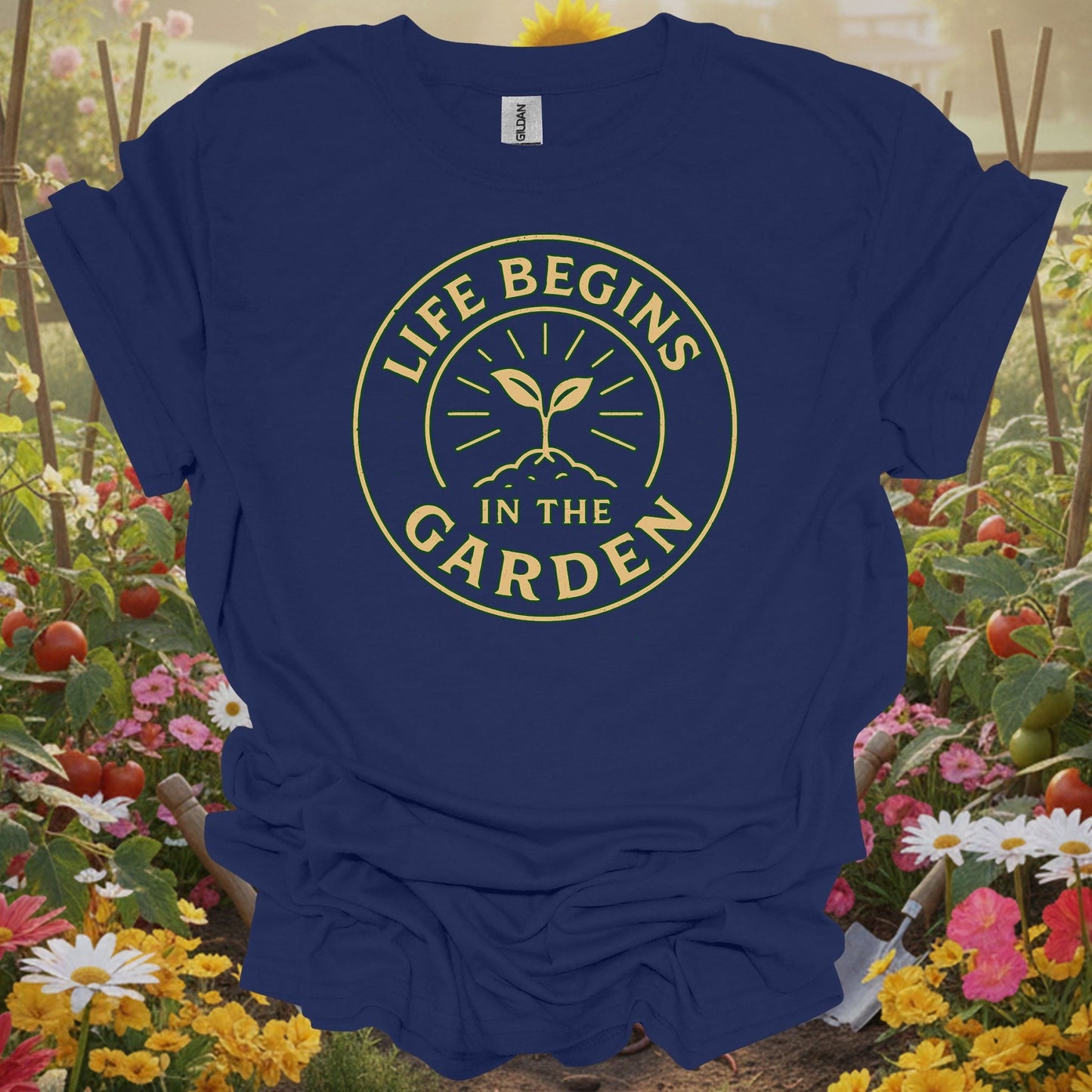 Navy shirt showing vintage life begins in the garden badge for classic garden lovers