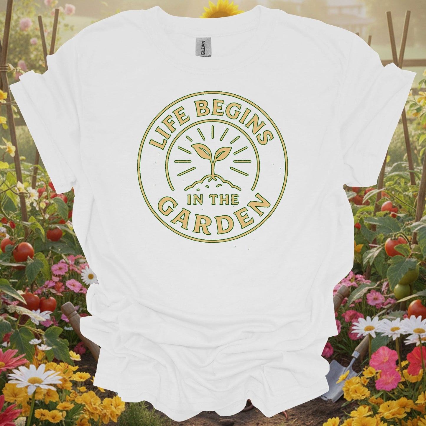 White tee showing vintage life begins in the garden badge for traditional growers