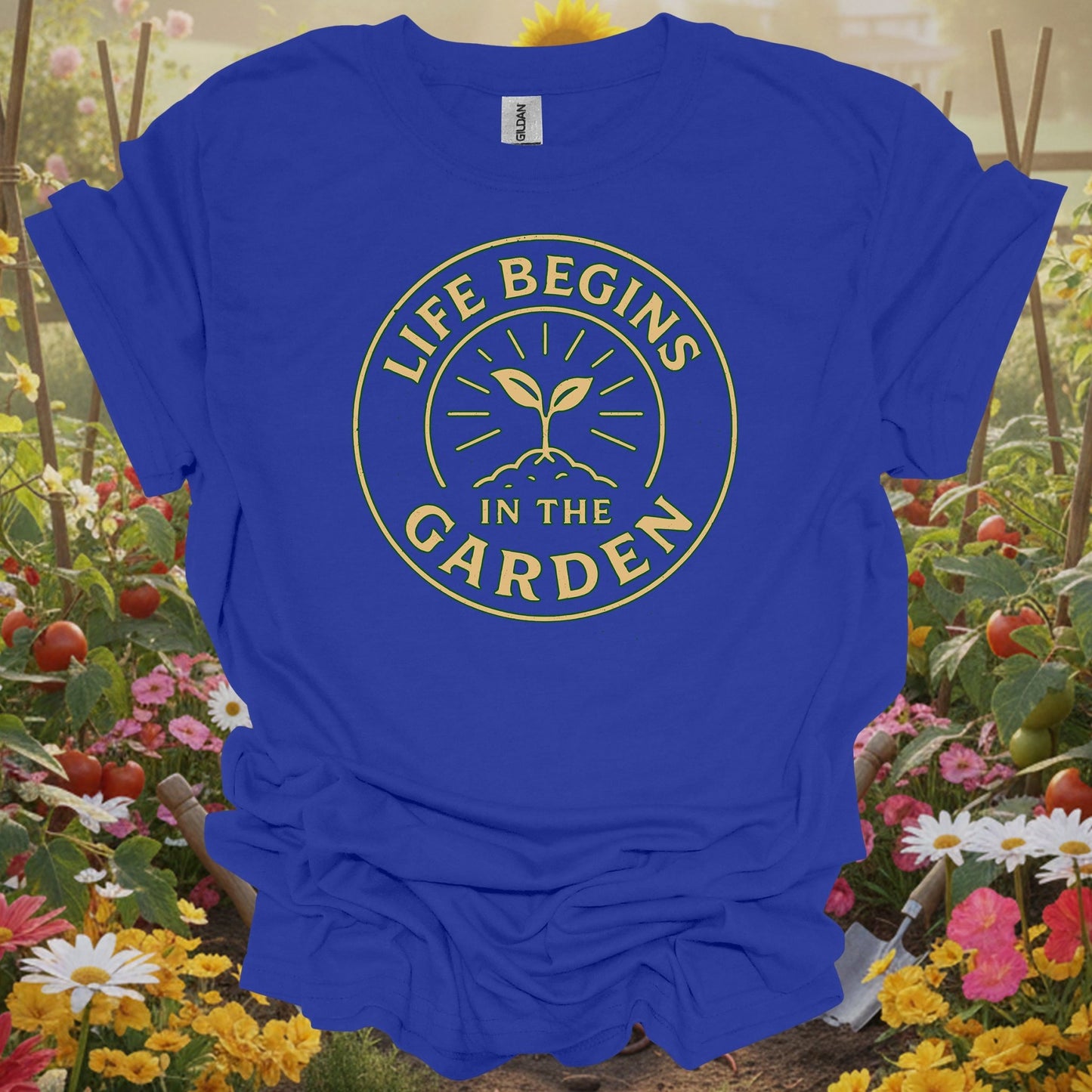 Royal top showing vintage life begins in the garden badge for nostalgic gardeners