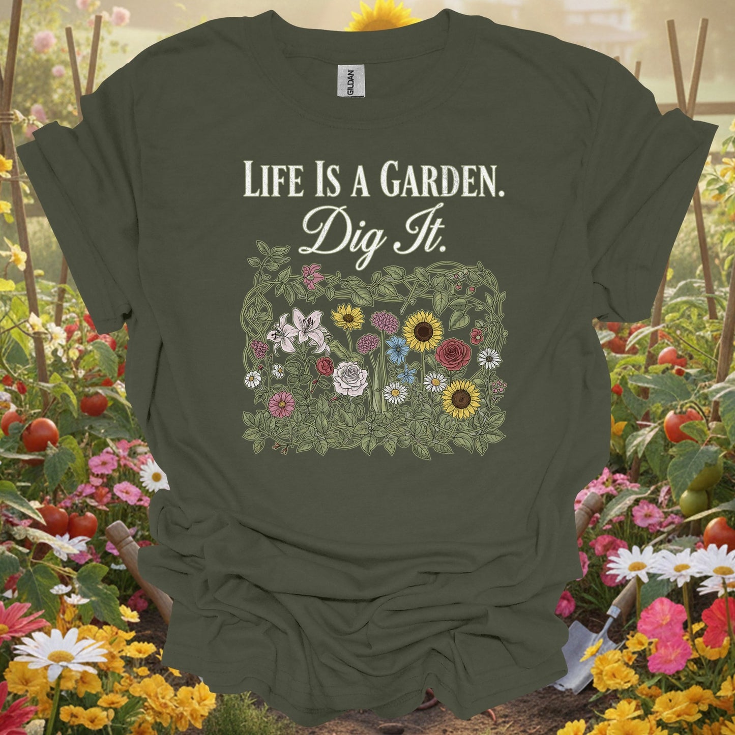 "Life Is A Garden Dig It" Detailed Floral Vintage Botanical Illustration Gardener T-Shirt - GardeningTshirts