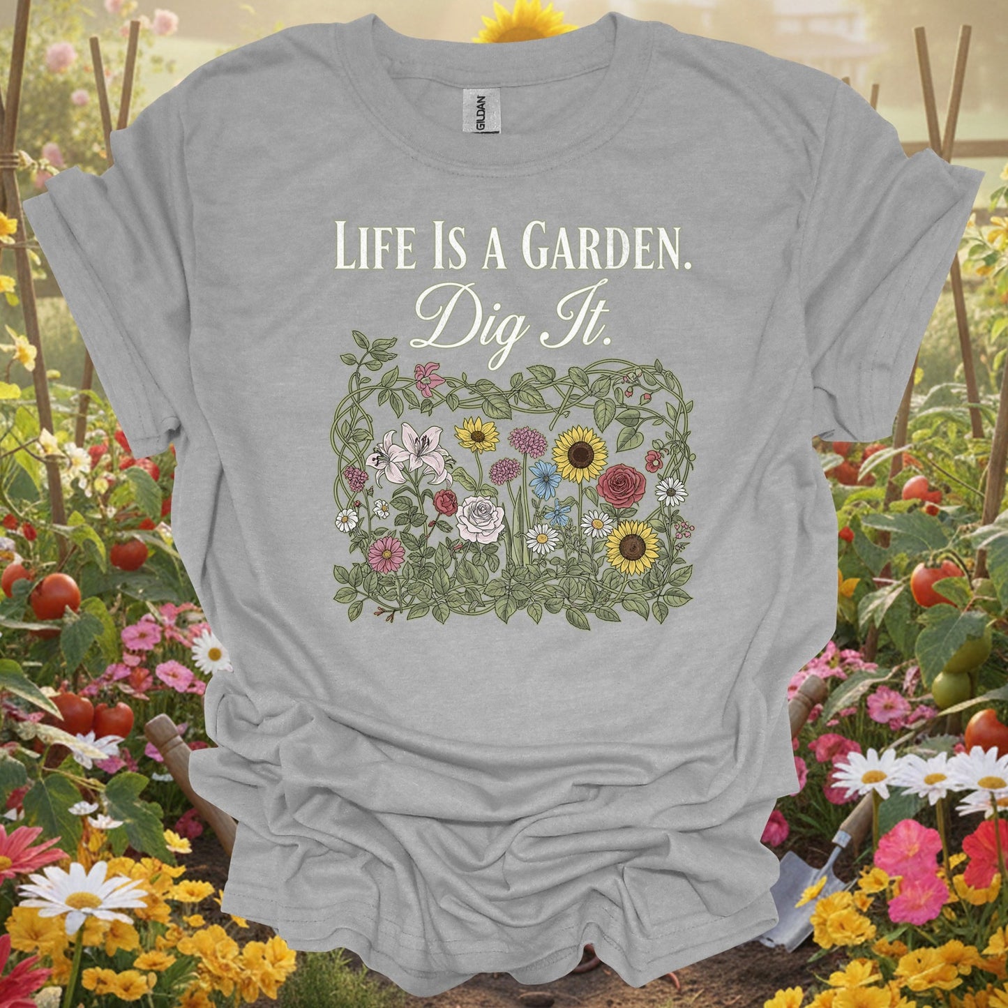 "Life Is A Garden Dig It" Detailed Floral Vintage Botanical Illustration Gardener T-Shirt - GardeningTshirts