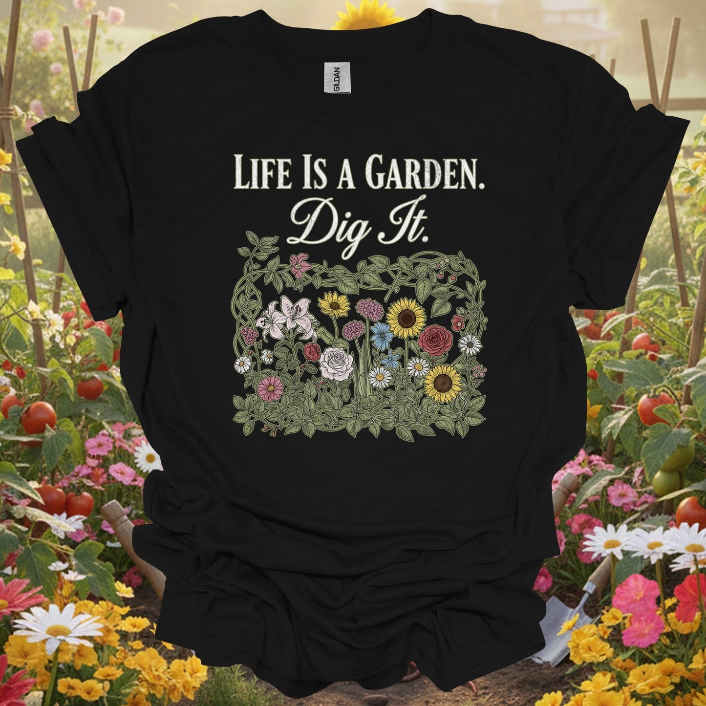 "Life Is A Garden Dig It" Detailed Floral Vintage Botanical Illustration Gardener T-Shirt - GardeningTshirts
