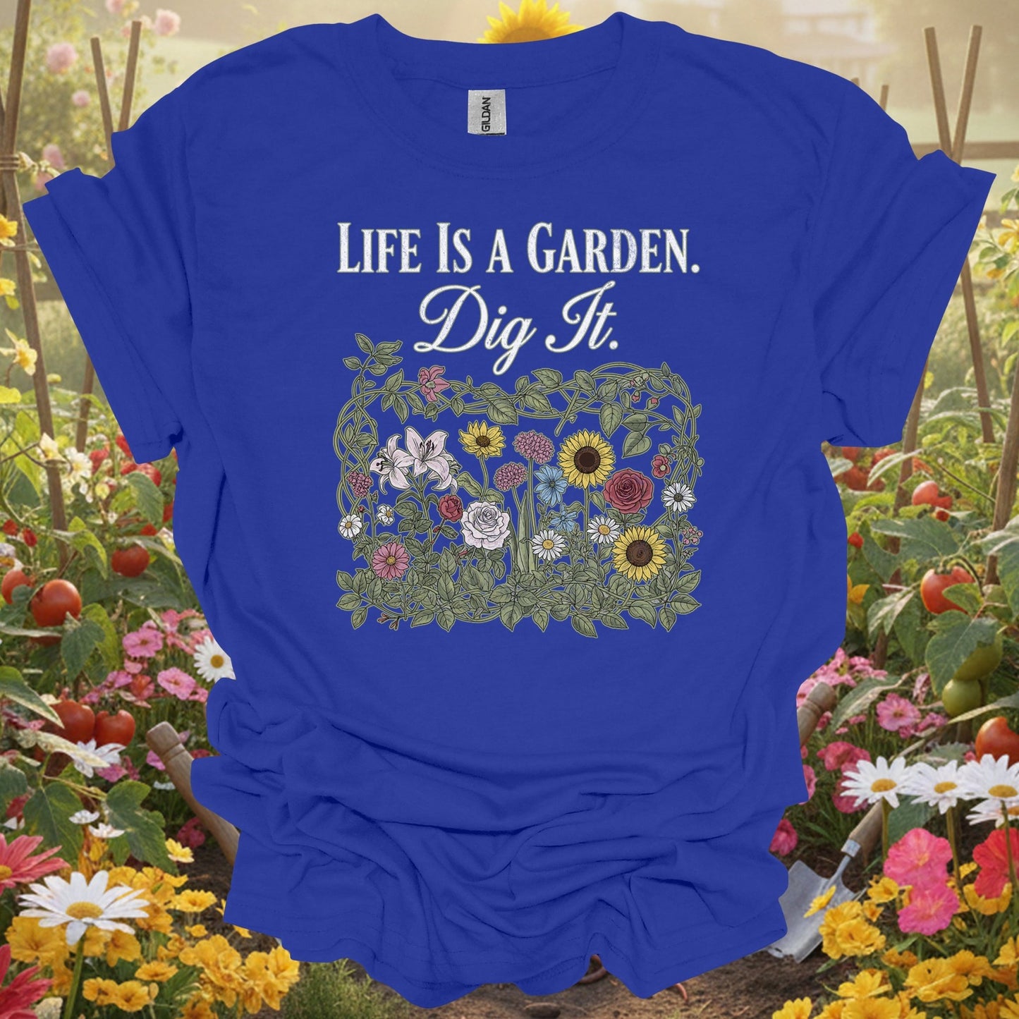 "Life Is A Garden Dig It" Detailed Floral Vintage Botanical Illustration Gardener T-Shirt - GardeningTshirts