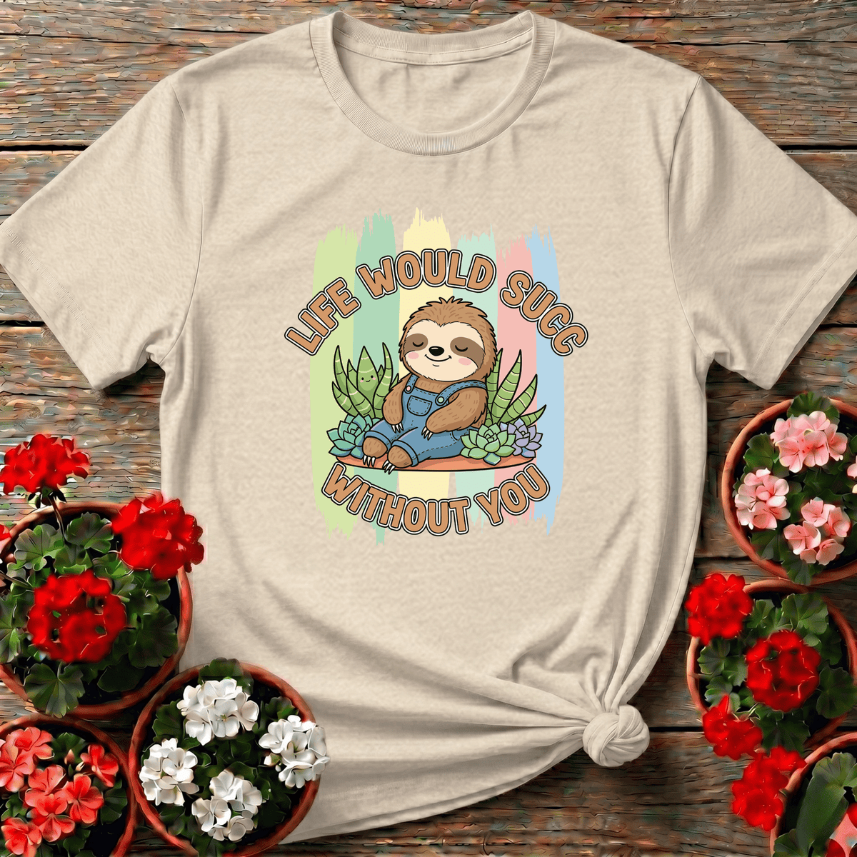 Natural warm cottagecore sloth succulent shirt with "Life Would Succ Without You" for windowsill gardeners