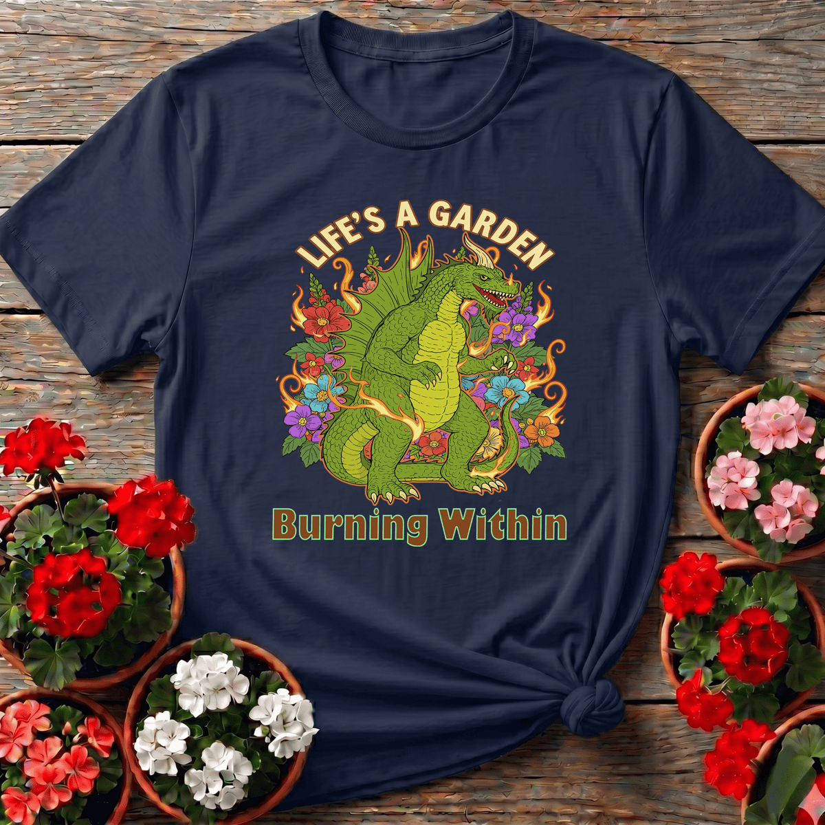 Navy vintage floral apparel with "Life's A Garden Burning Within" for gardeners with an edge