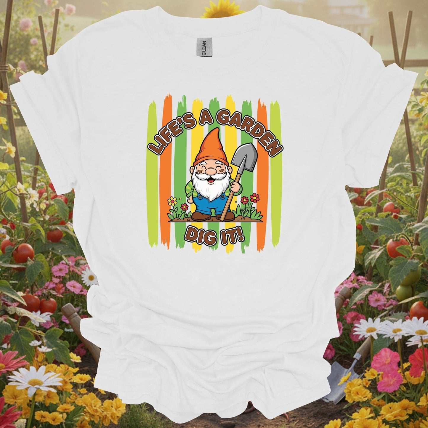 White tee showing life's a garden dig it funny gnome gardener for lighthearted plant parents