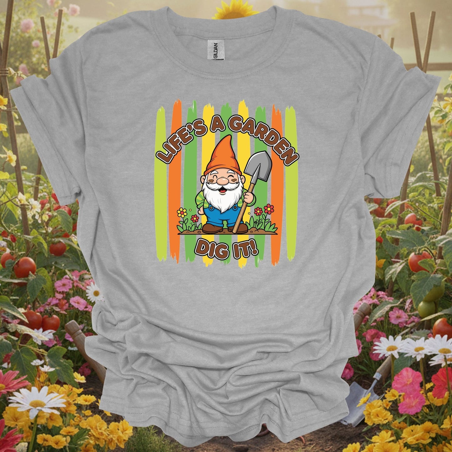 Sport Grey tshirt showing life's a garden dig it funny gnome gardener for gardeners who laugh