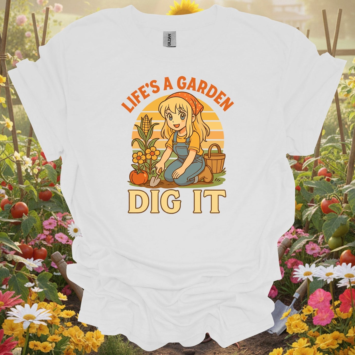 White tee showing life's a garden dig it vintage anime for garden hobbyists