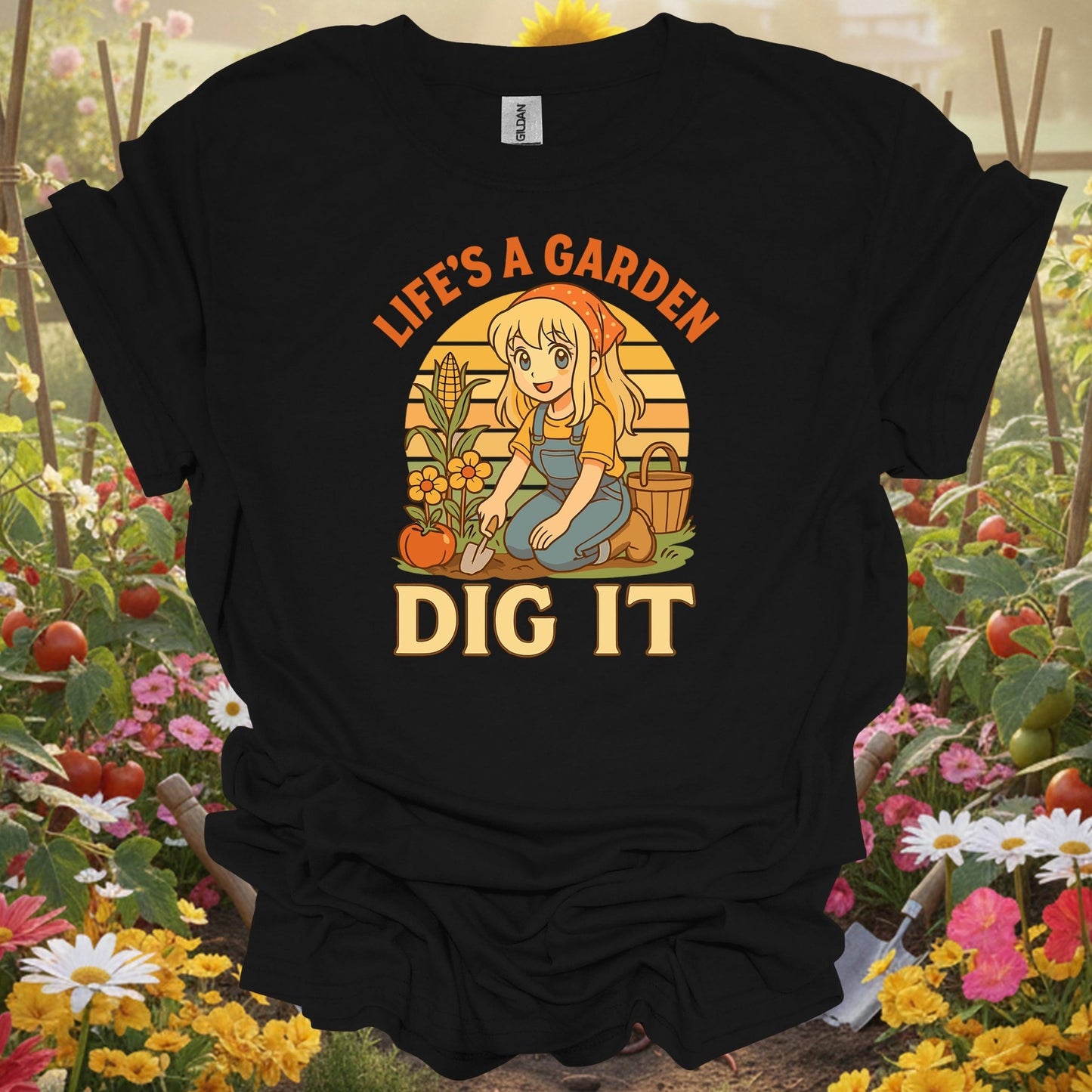 Black shirt showing life's a garden dig it vintage anime for outdoor enthusiasts