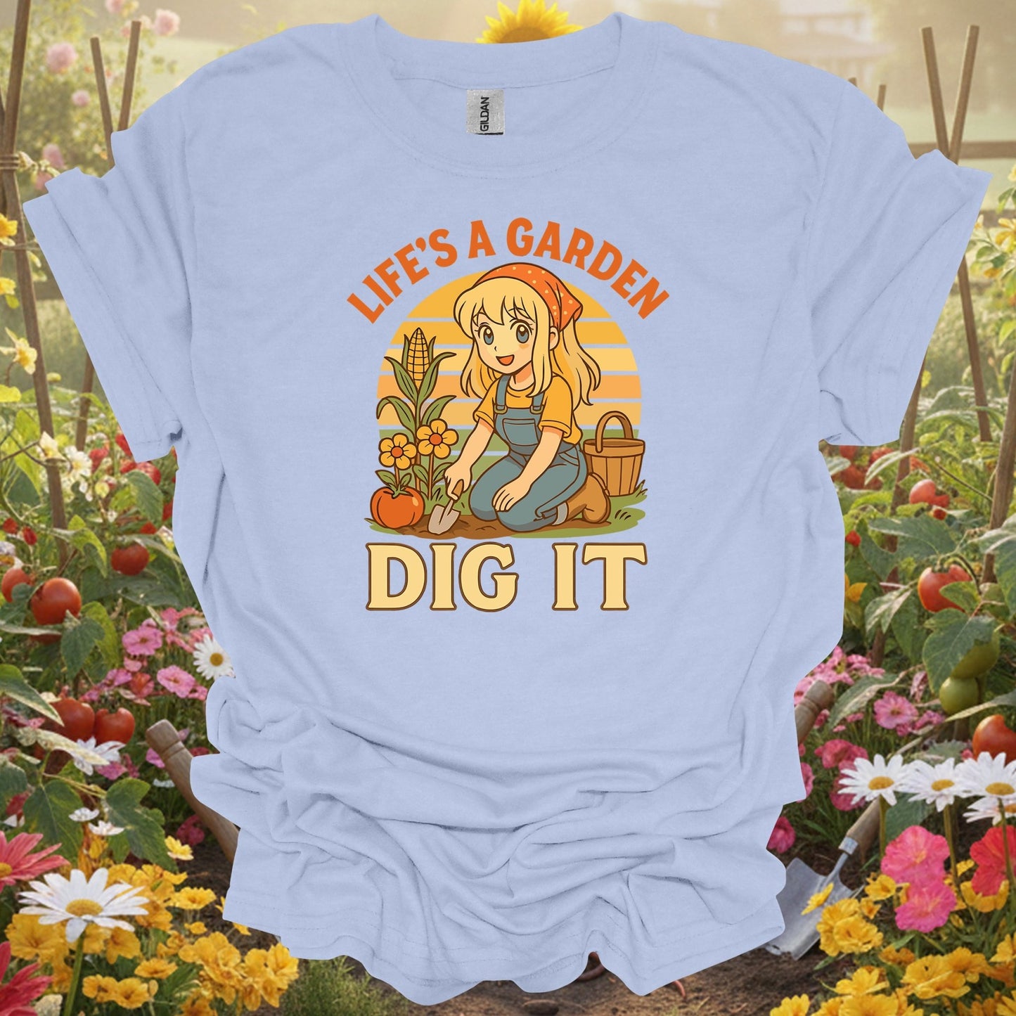 Light Blue shirt showing life's a garden dig it vintage anime for home gardeners