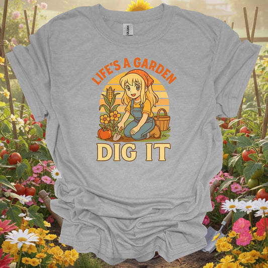 Sport Grey tshirt showing life's a garden dig it vintage anime for gardening enthusiasts