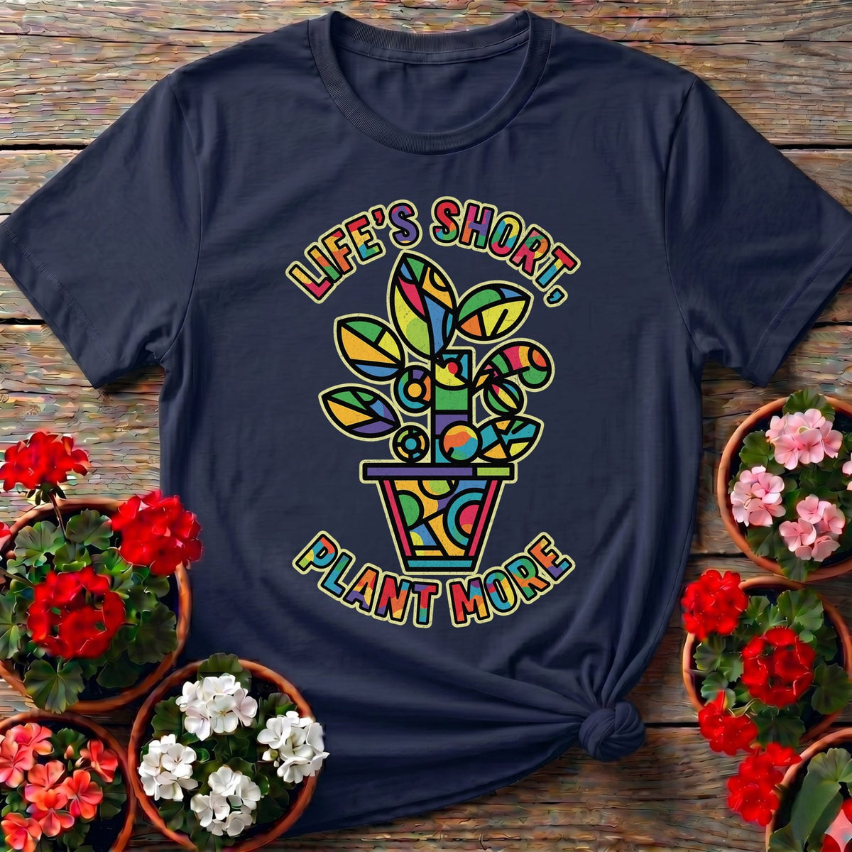 Navy vibrant mosaic graphic t-shirt with "Life's Short, Plant More" for houseplant collectors