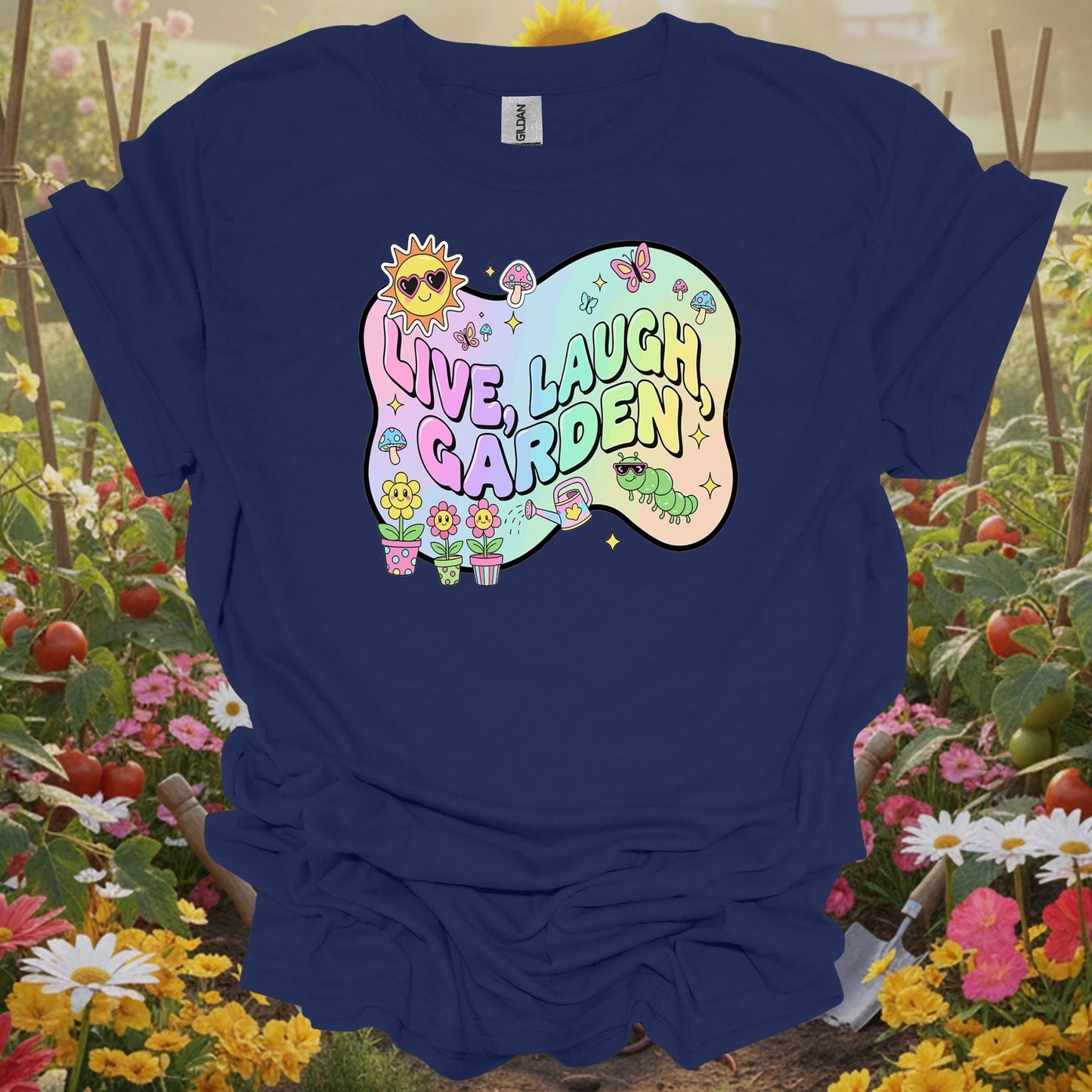 Navy top showing live laugh garden funky 90s aesthetic for green thumb folks