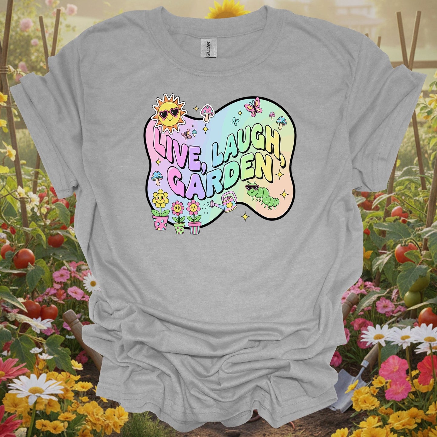 Sport Grey tee showing live laugh garden funky 90s aesthetic for garden hobbyists