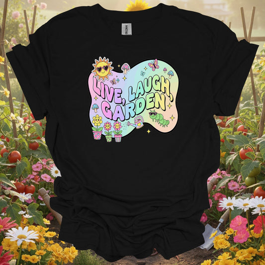 Black tshirt showing live laugh garden funky 90s aesthetic for gardening enthusiasts