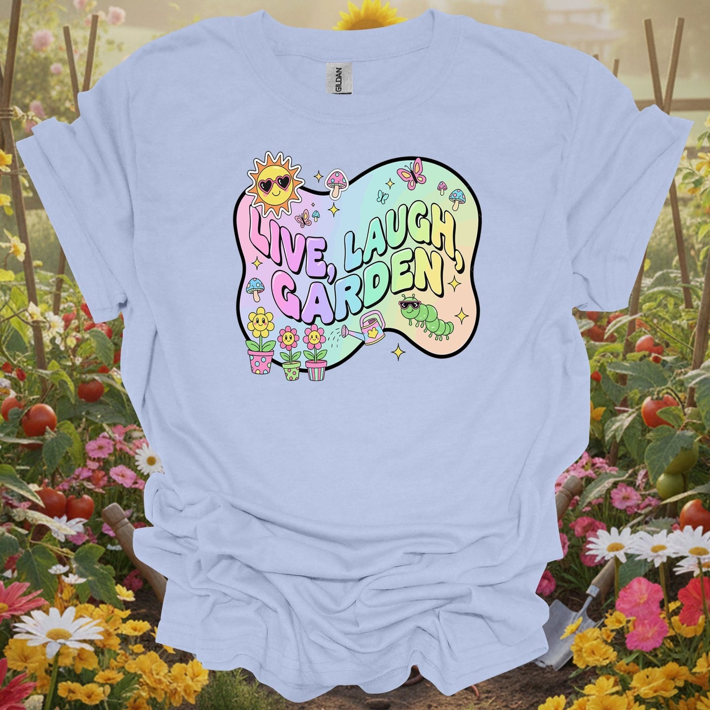 Light Blue shirt showing live laugh garden funky 90s aesthetic for home gardeners