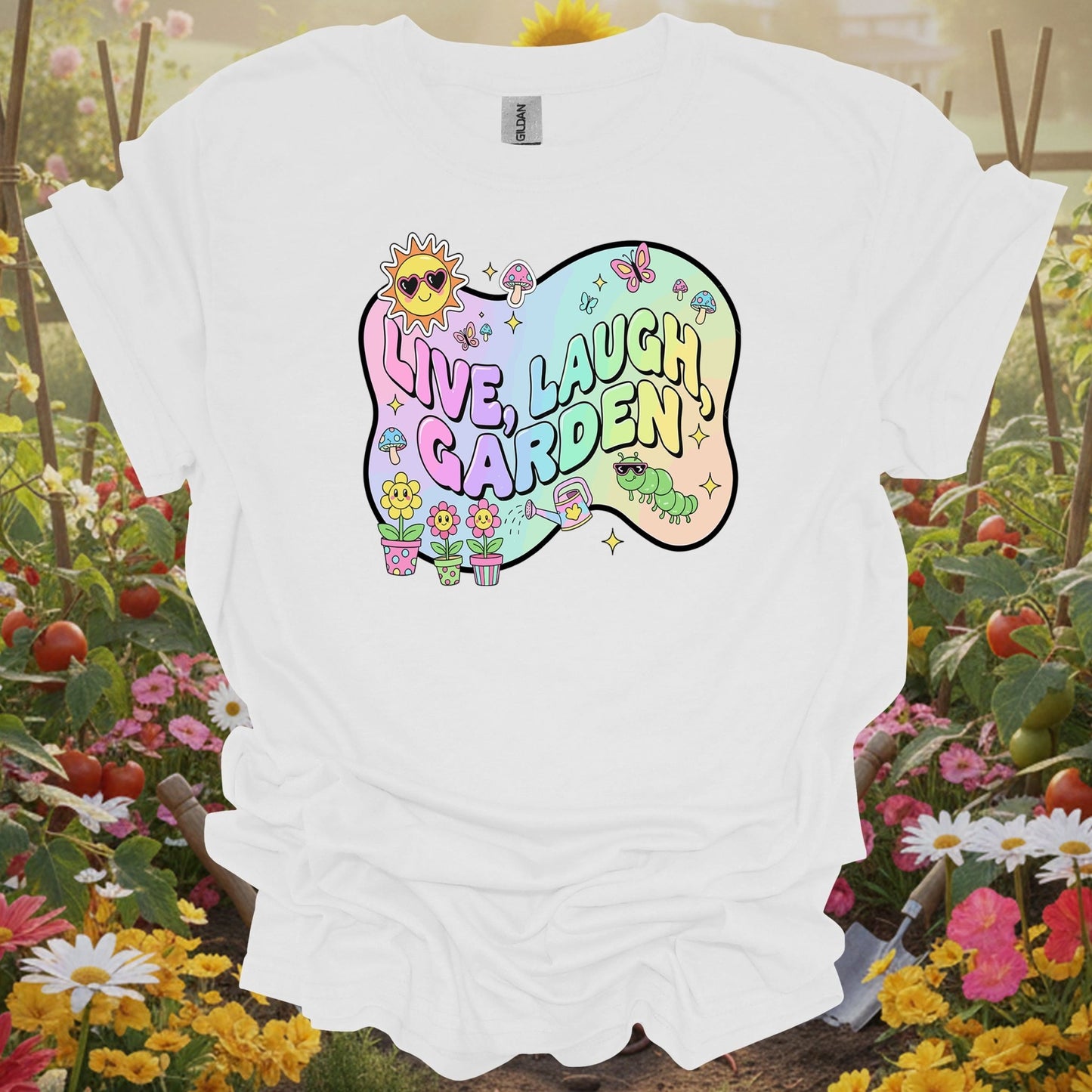 White shirt showing live laugh garden funky 90s aesthetic for outdoor enthusiasts