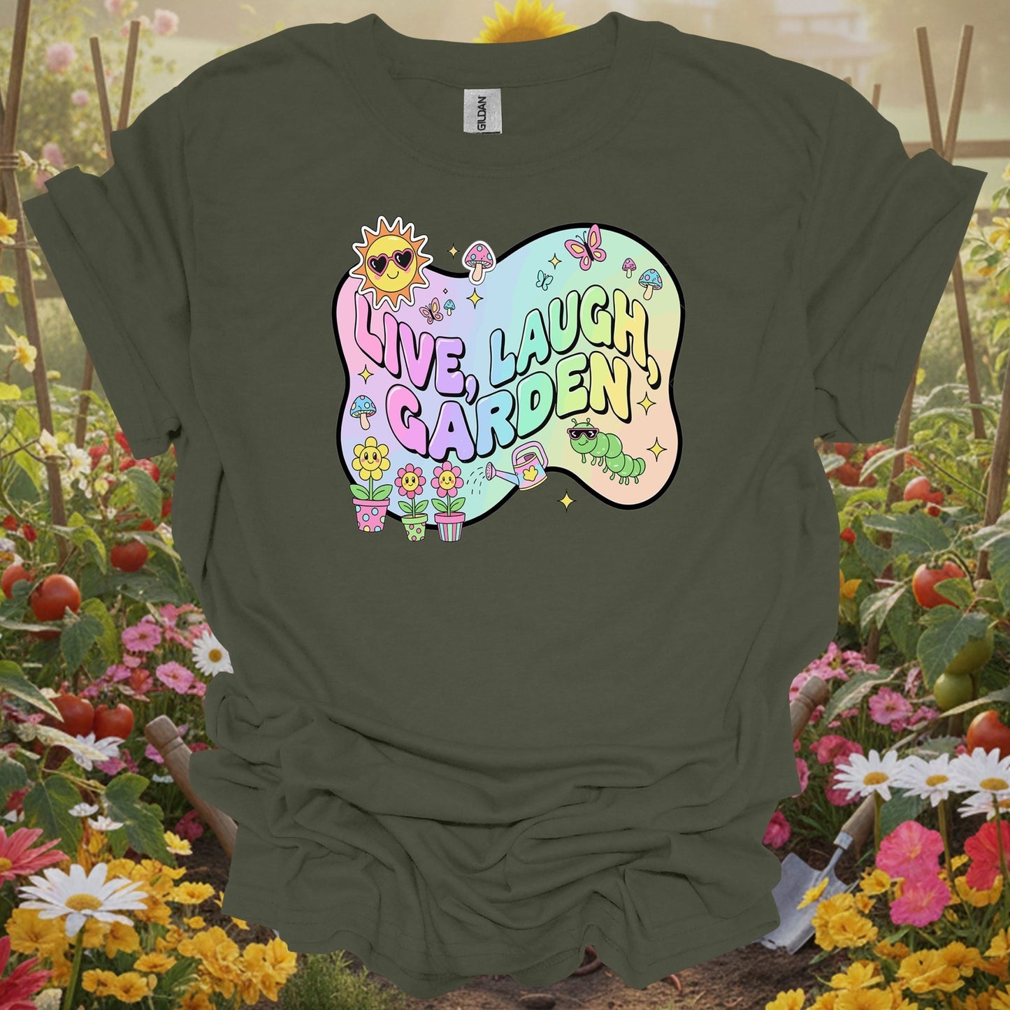 Military Green top showing live laugh garden funky 90s aesthetic for nature lovers