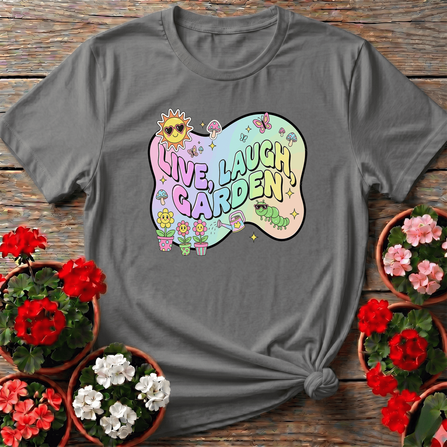 Live Laugh Garden Funky 90s Y2K Retro Tee - GardeningTshirts