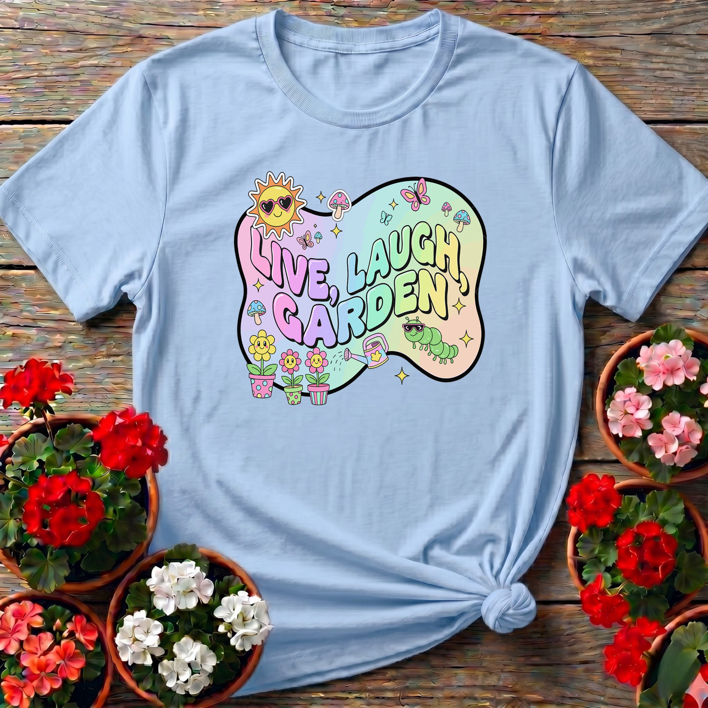 Live Laugh Garden Funky 90s Y2K Retro Tee - GardeningTshirts