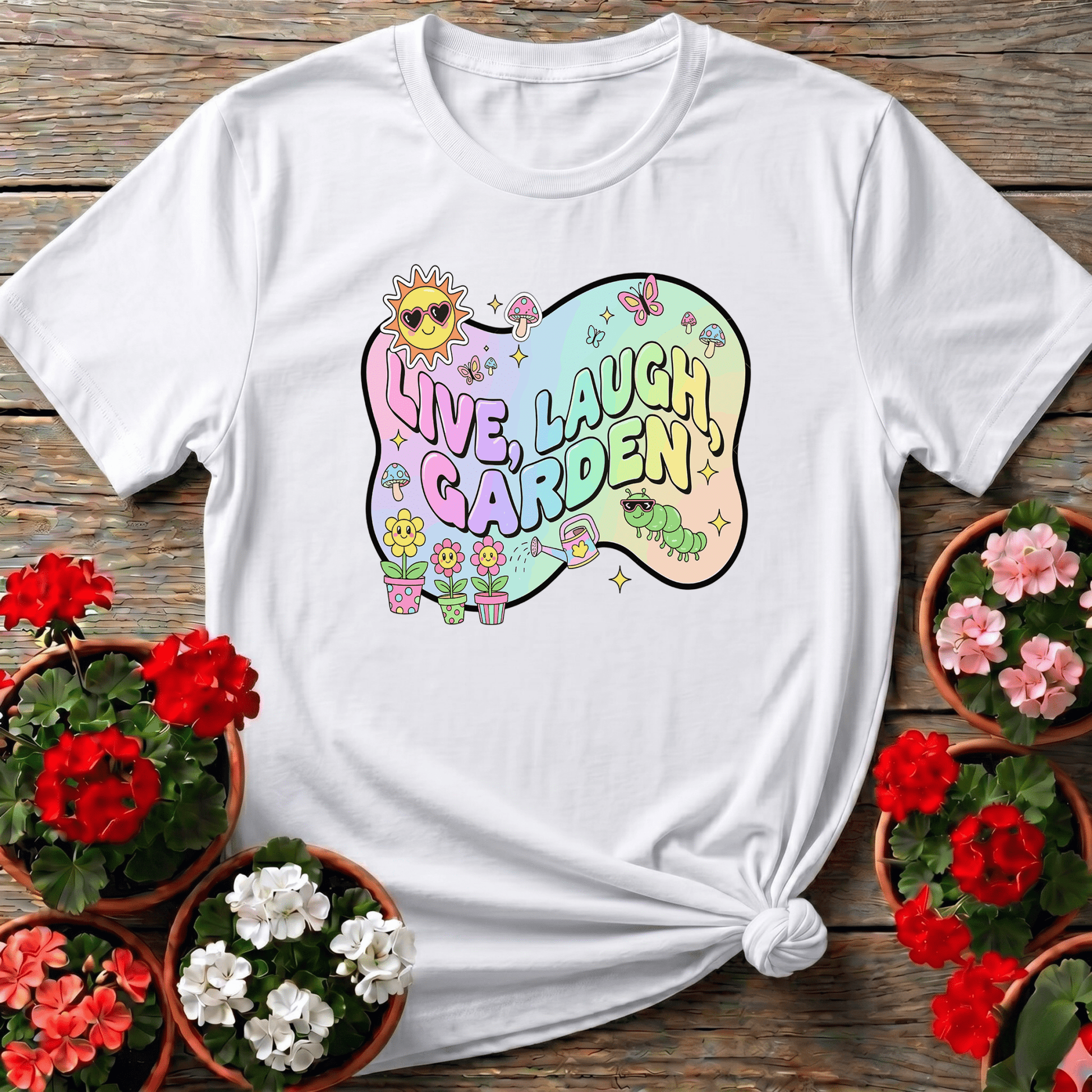 Live Laugh Garden Funky 90s Y2K Retro Tee - GardeningTshirts