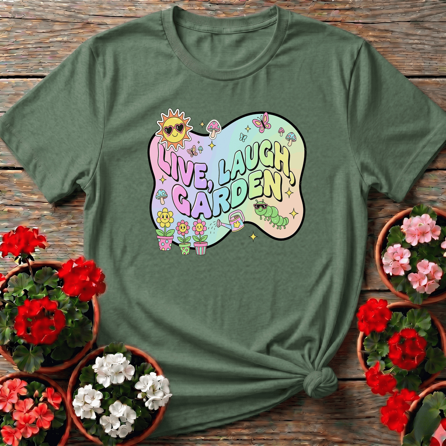 Live Laugh Garden Funky 90s Y2K Retro Tee - GardeningTshirts