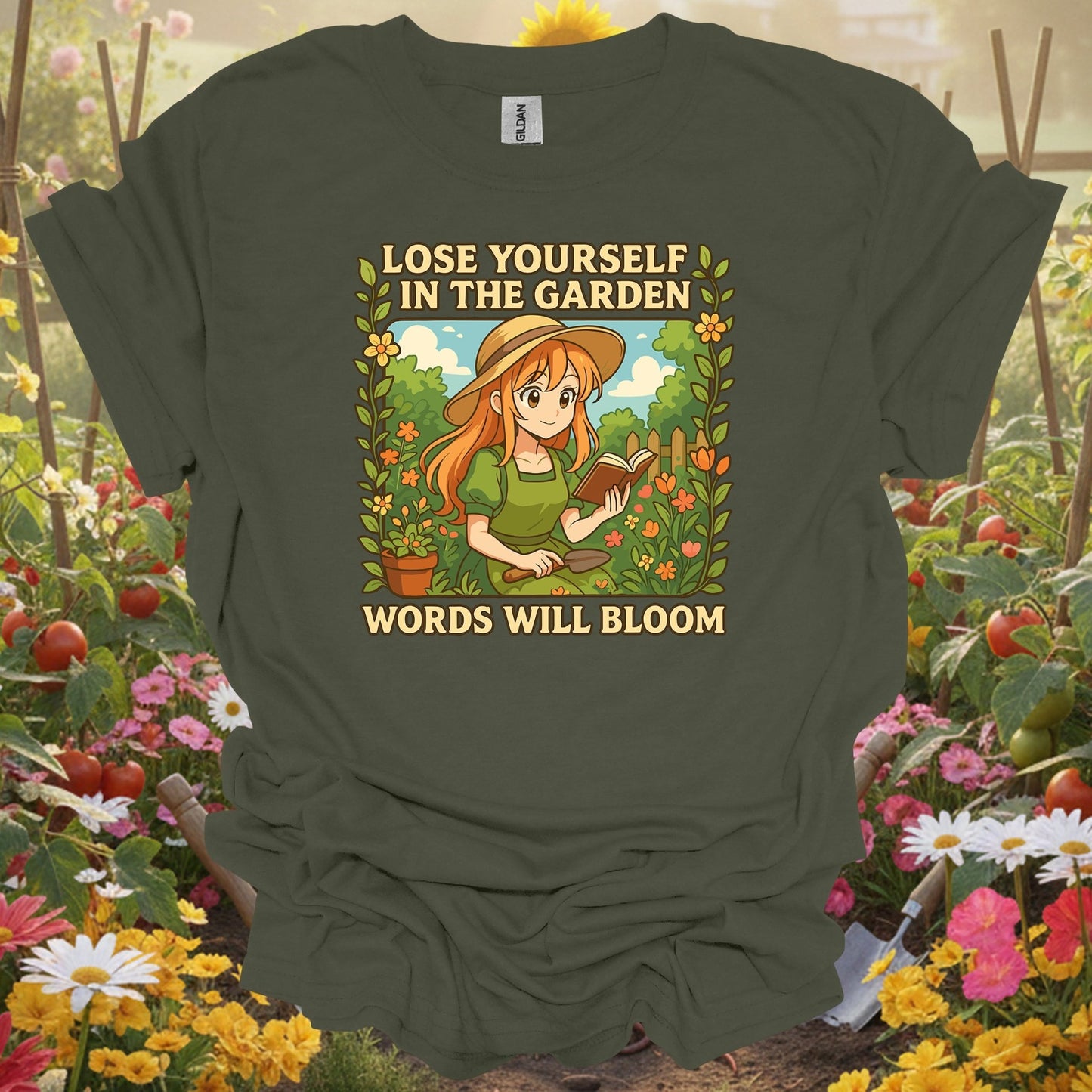 Military Green top showing words will bloom anime gardener for nature lovers