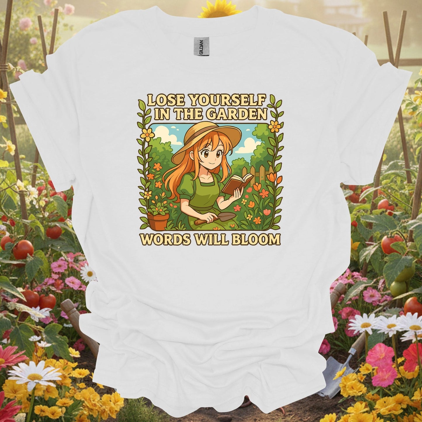 White tee showing words will bloom anime gardener for garden hobbyists