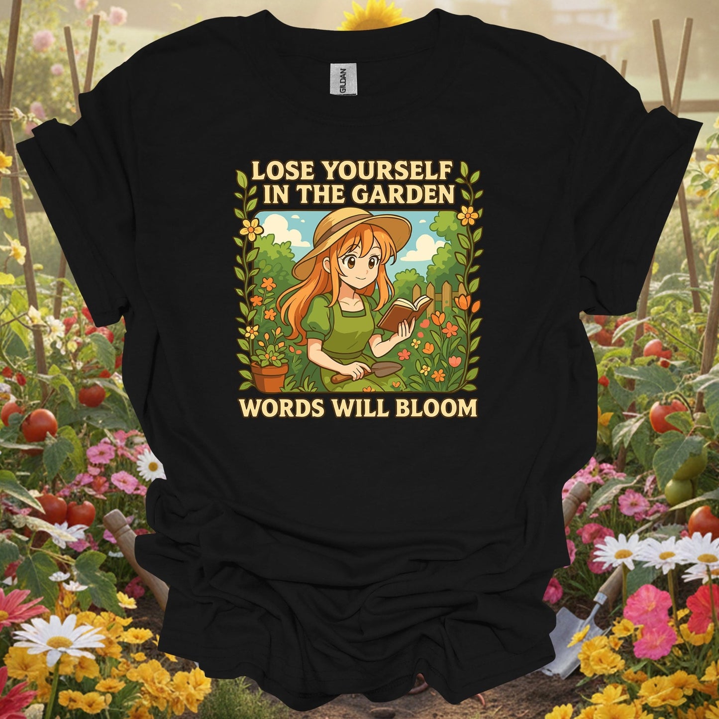 Black shirt showing words will bloom anime gardener for outdoor enthusiasts