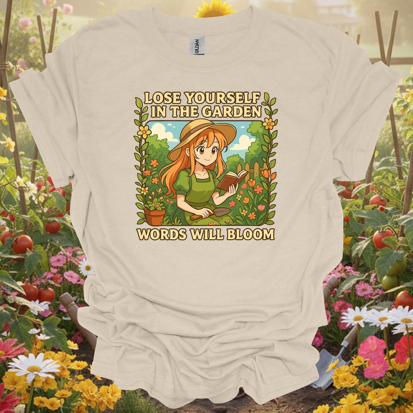 Natural tshirt showing words will bloom anime gardener for people who love plants