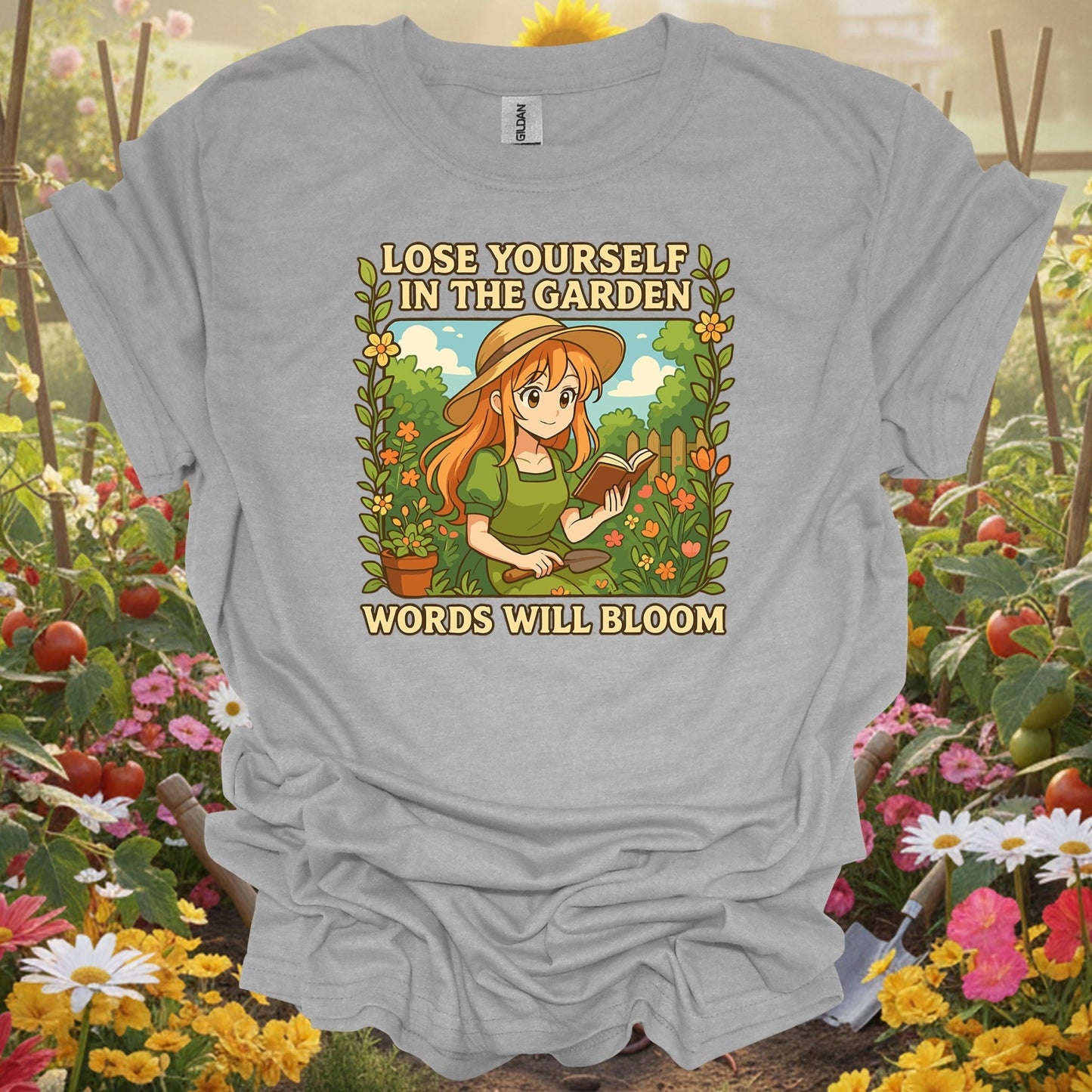 Sport Grey tshirt showing words will bloom anime gardener for backyard growers