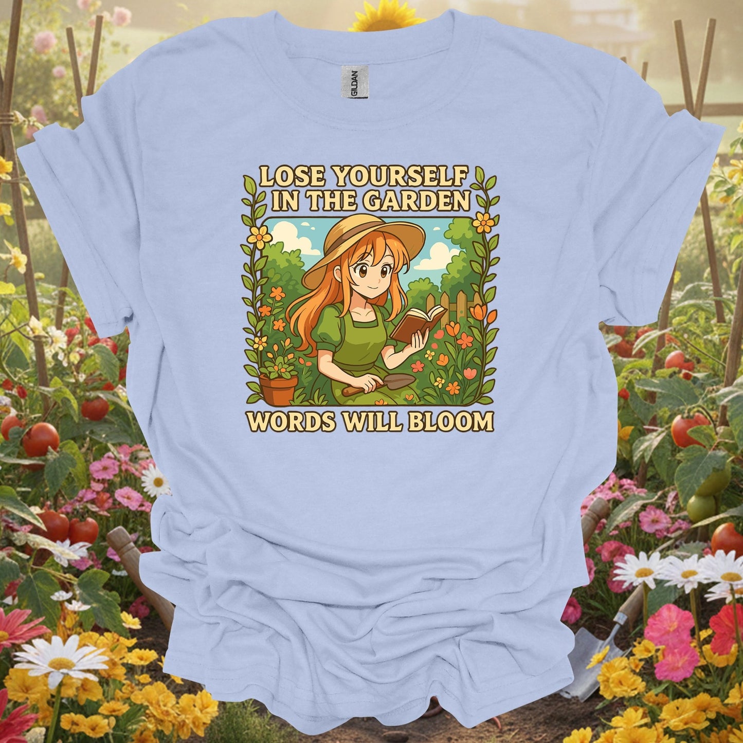 Light Blue tee showing words will bloom anime gardener for plant lovers