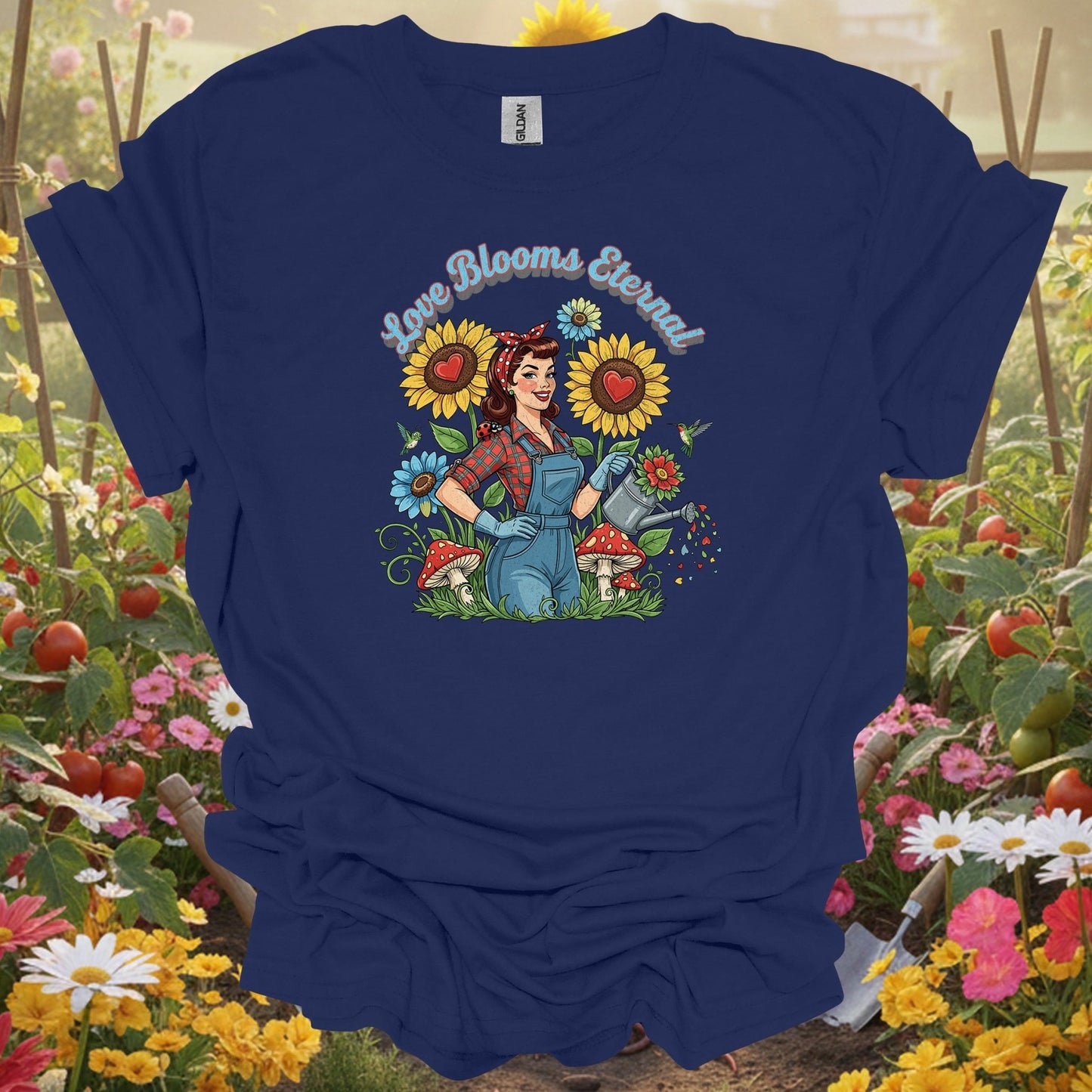 Love Blooms Eternal | Retro Pin - up Gardener Graphic Shirt - GardeningTshirts