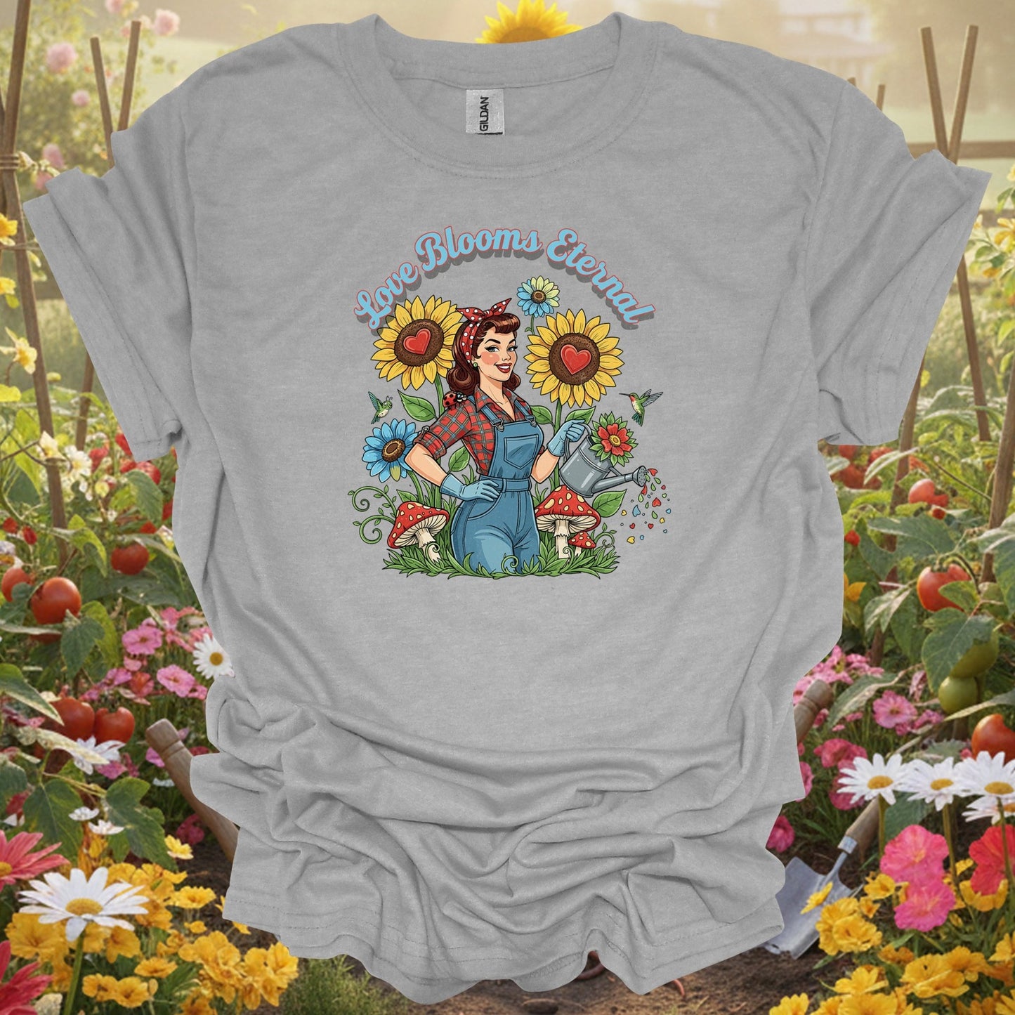 Love Blooms Eternal | Retro Pin - up Gardener Graphic Shirt - GardeningTshirts