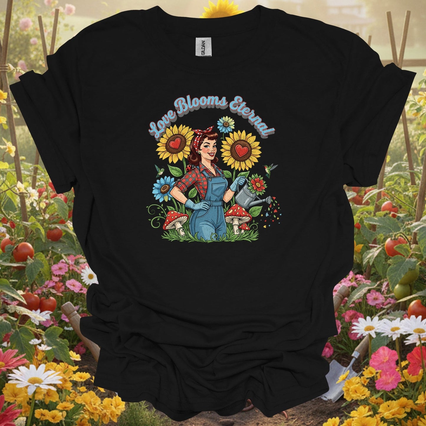Love Blooms Eternal | Retro Pin - up Gardener Graphic Shirt - GardeningTshirts
